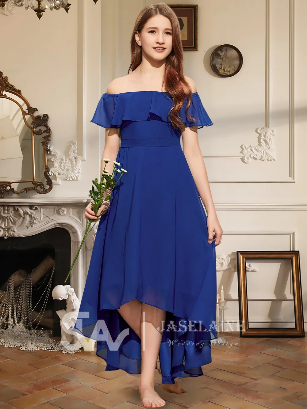 

FDG Kids Child A-Line Off The Shoulder Asymmetrical Chiffon Junior Bridesmaid Dress Flower Girl Dress Girls Party Wedding Formal