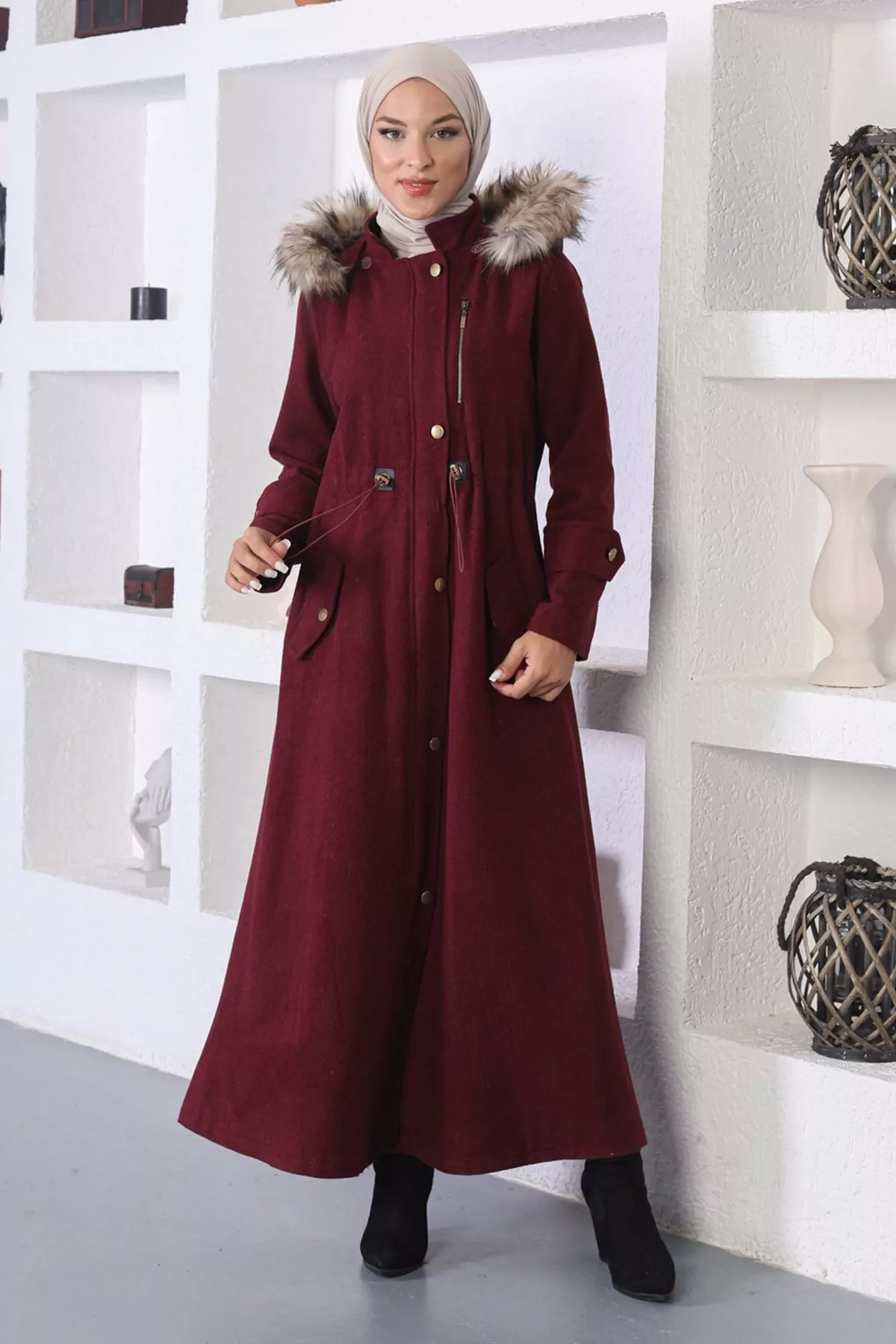 Merve coat coat winter denim jacket furry hat thick cold muslim long dress for women Dubai turkish kerchief girl Islamic abaya