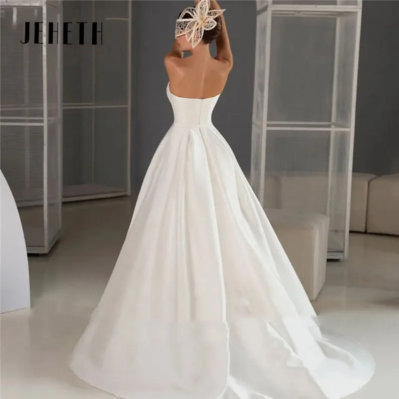 JEHETH Strapless Pleated Sleeveless Wedding Dress For Bride Satin Tulle High Side Slit Elegant Sweetheart A-Line Bridal Gowns