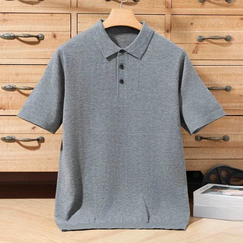 100% merino trui zomer heren revers trui korte mouw POLO hals trui losse top gebreide kleding plus size T-shirt - afbeelding 2
