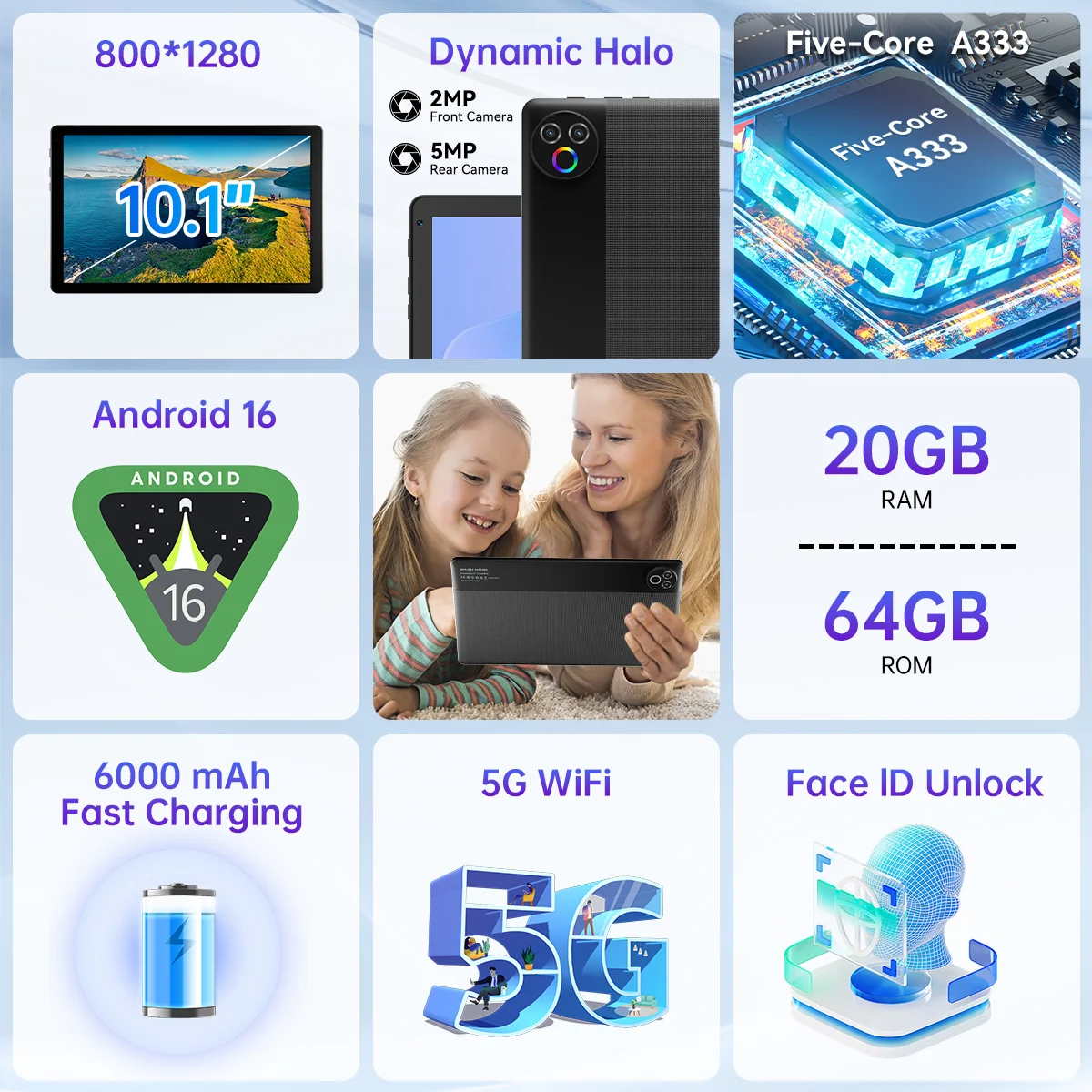 10.1 Inch Android 16 Tablet PC Set, Stylus Keyboard Mouse Headphone Included, 20GB (3+17 expansion) RAM, 64GB ROM, Five-core A333, WiFi6, Widevine L1, 6000mAh, Face Unlock, 5MP+8MP Dual Camera, 1280*800 HD IPS Touch Screen, 1TB TF Expandable, KB1001L