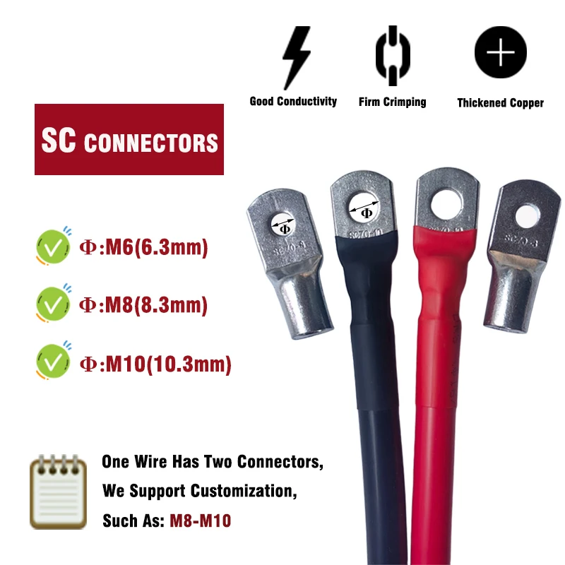 M6-M6 Or M8-M8 Or M10-M10 Battery Cable Tinned Copper Battery Inverter Cables with Lugs Both Ends Power Inverter Wire Set