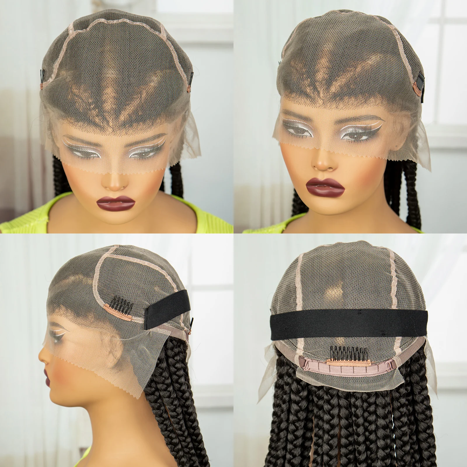 Wig kepang renda penuh sintetis 38 inci Wig depan renda kepang Cornrow untuk wanita warna hitam Wig renda kepang kotak tanpa simpul dengan rambut bayi