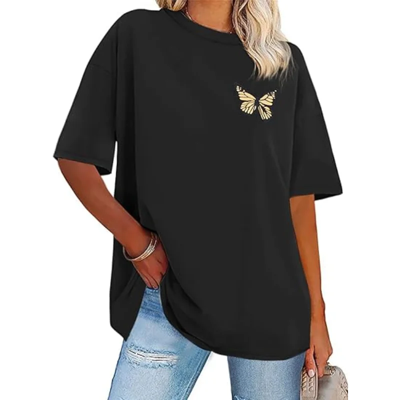 

Женская футболка большого размера из 100% хлопка, футболки с рисунком, летние свободные топы с круглым вырезом и короткими рукавами