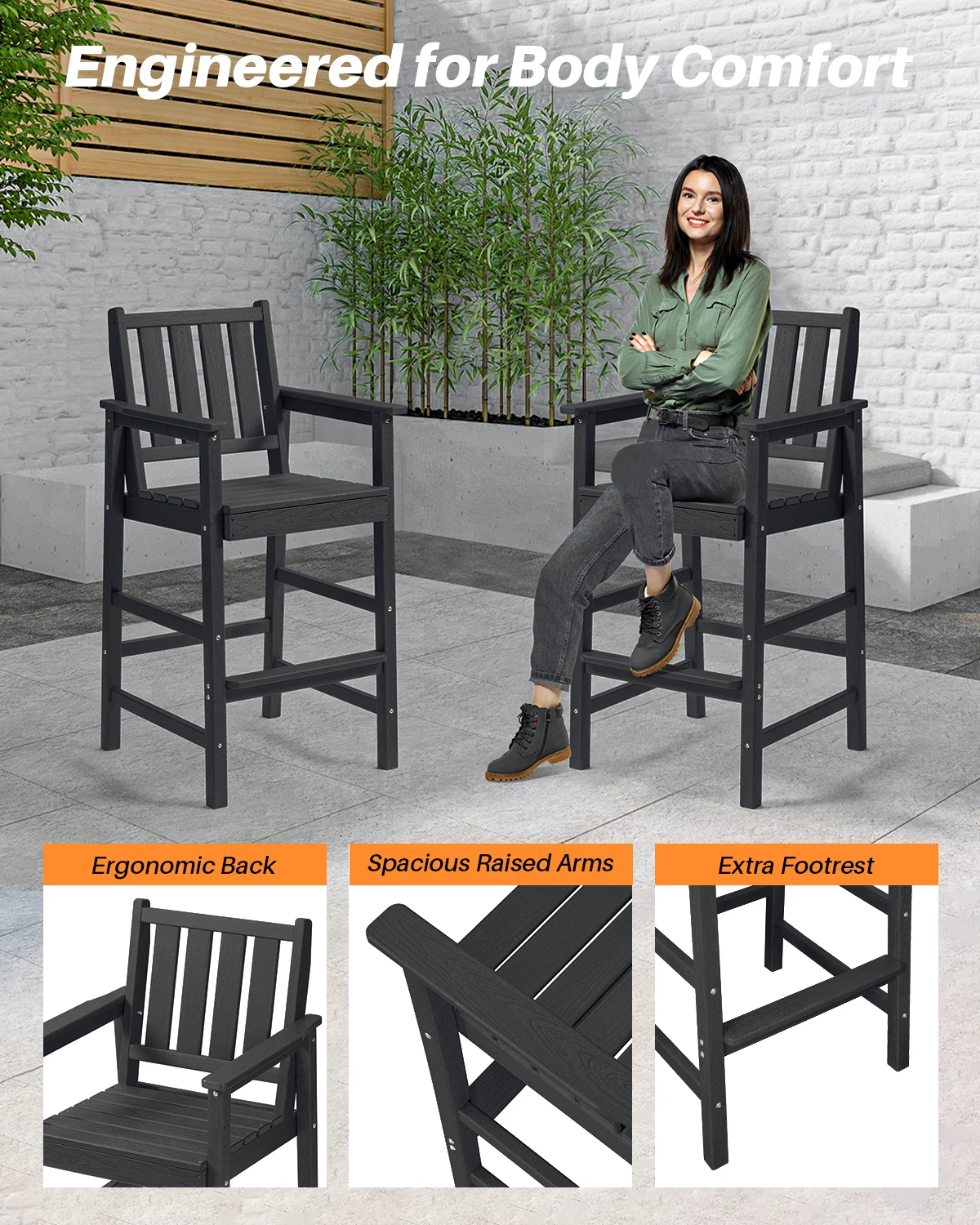 SeeHill Obsidian 5-Piece Patio Bar Set, Rectangular Table & 4 Adirondack Chairs, HDPE Outdoor Bar Set for Pool, Porch