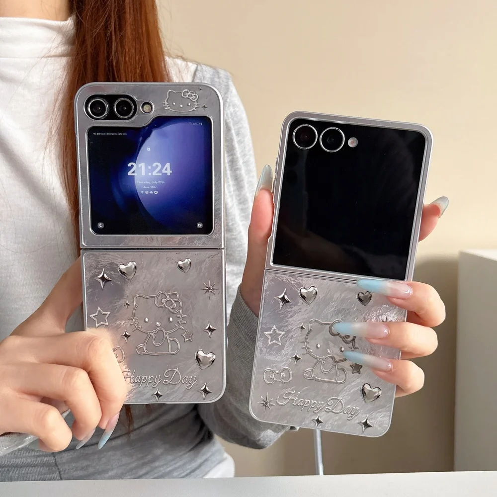 Ins Silver HelloKitty Printed Phone Case for Samsung Galaxy Z Flip 8 Z Flip 7 Z FLIP 6, 5, 4, 3 Cute Foldable Anti-Shatter Cover