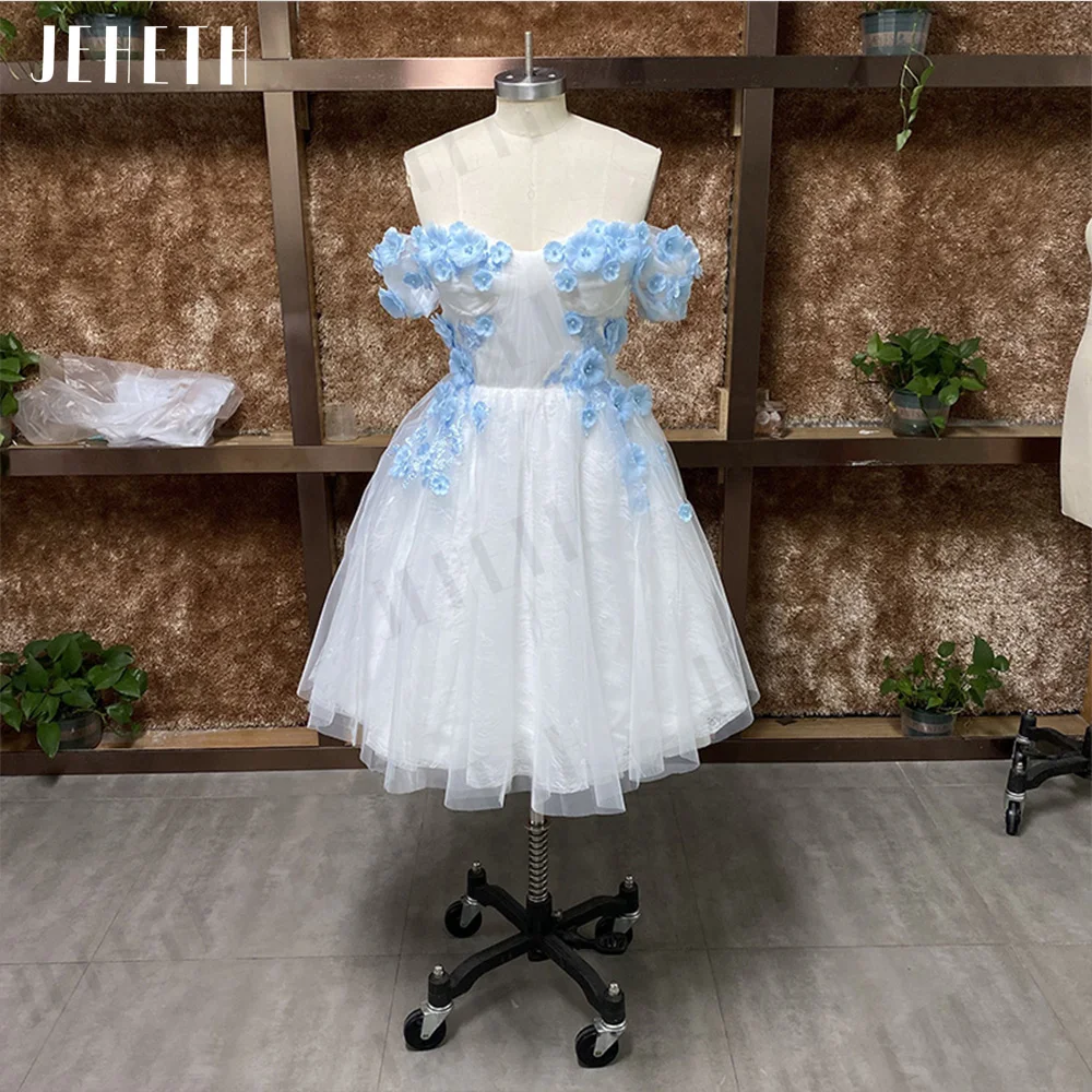 JEHETH Pastoral White Prom Dresses Floral 3D Party Off Shoulder Lace Homecoming Backless Evening Flowers Gown Sweetheart فساتين