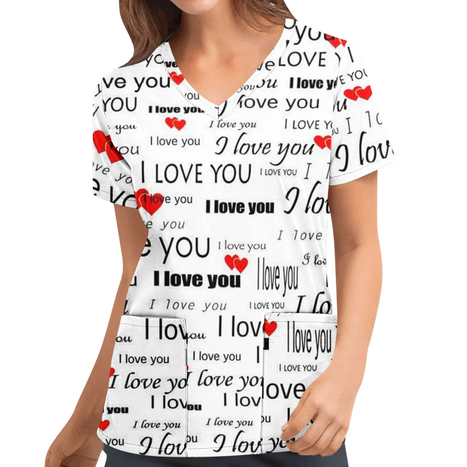 T-shirt col en V pour femmes, imprimé amour avec poches, uniformes Scrdecentralforms, toilettage d'animaux, infirmière Spa Caring Tees Top