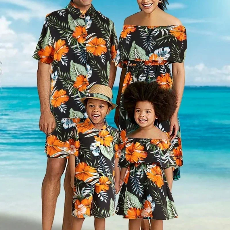 2026 Neue Sommer Familien-Partnerlook für Damen, Herren, Jungen und Mädchen: Blumenmuster Mutter-Tochter-Kleid und Vater-Sohn-2-Teiler-Set für den Urlaub
