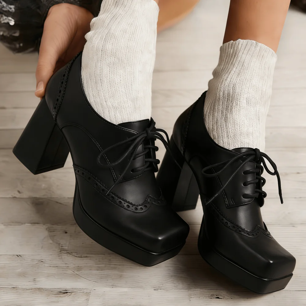 Women's Oxford Shoes Color-Block Heels Square Toe Platform Chunky Heels Lace-Up Mary Janes Shoes For Ladies New Year And Christmas Outfits