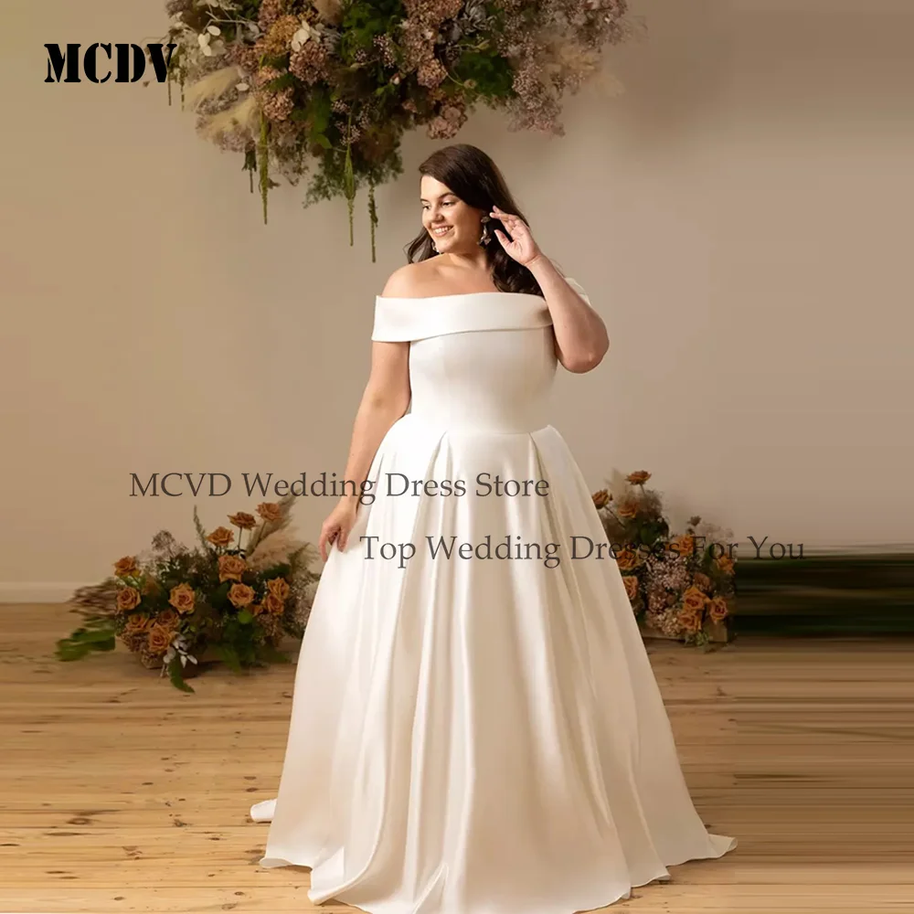 

MCDV Simple Wedding Dress Plus Size Customized Off The Shoulder Pleat Sweep Train Backless A Line Satin Arabian Bridal Gown