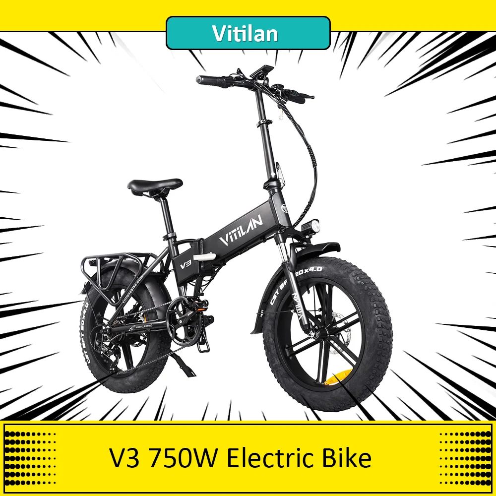 Vitilan V3 Electric Bike 750W Powerful Motor 48V 13Ah Battery  20*4'' Fat Tires Adult Ebike 45miles Range  LED Light  7 Speed