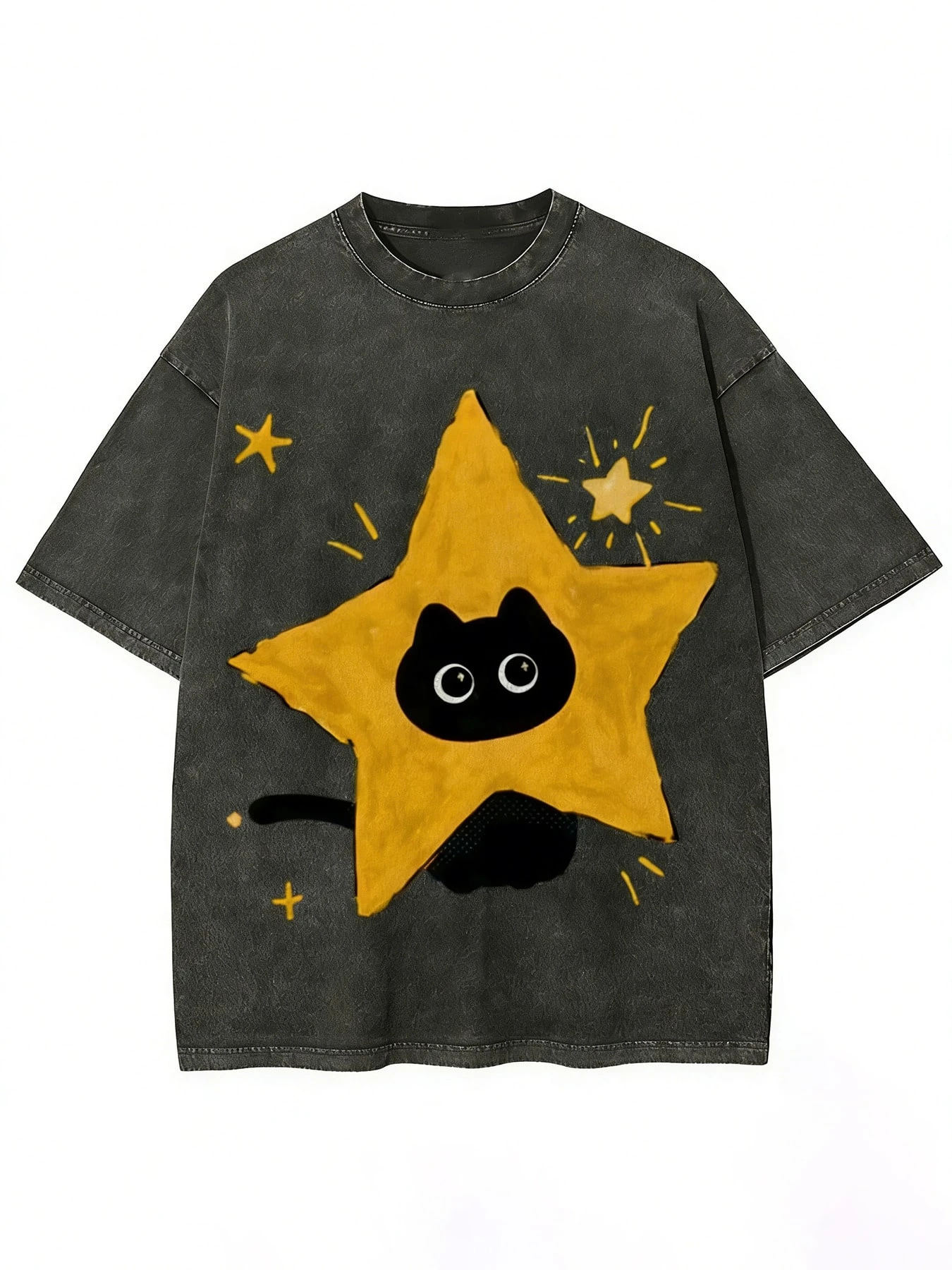 30g Washed, Star Cute Cat Printed T-Shirts, Batik Cotton Retro Fashion Brand T-Shirts, Men's T-Shirts, Men's Summer T-Shirts, Holiday Gifts.