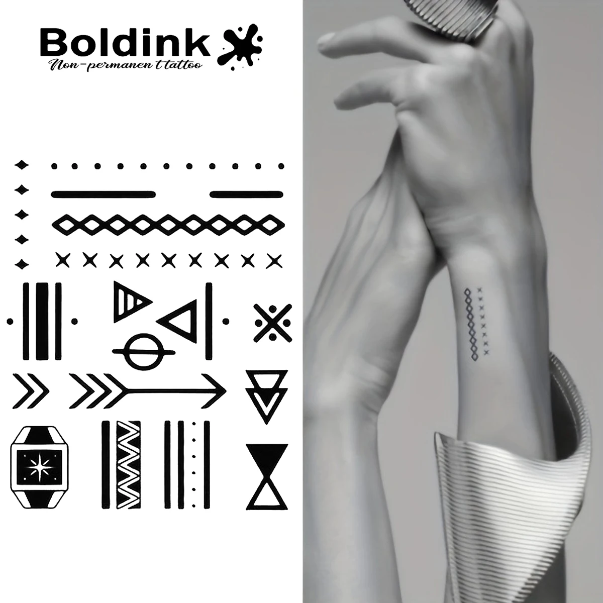 Lines, arrows and other geometry Temporary Tattoo,Lasts To 15 Days New Technology Magic Waterproof Semi Permanent Sticker.