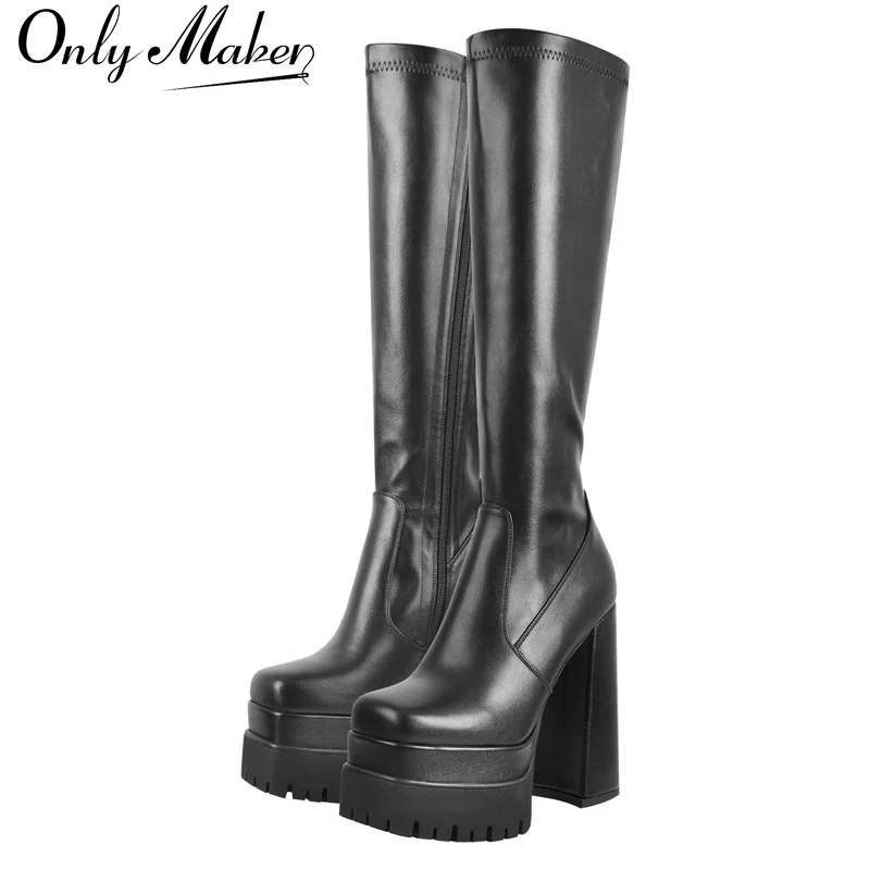 Onlymaker Women Black Platform Chunky Heel Knee High Patent Leather Square Toe  Lady Boots