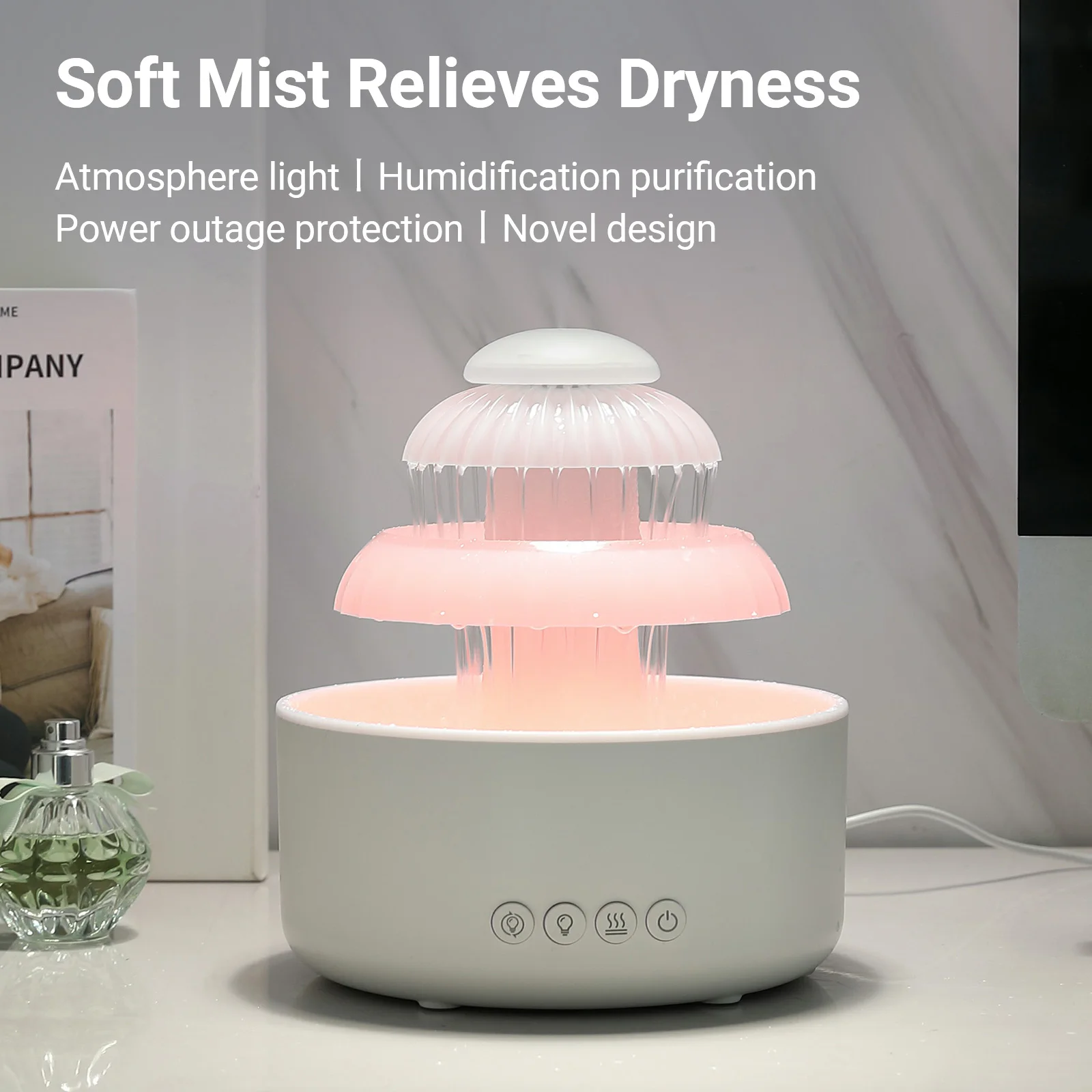 600ml waterfall Humidifier Diffuser Sleeping Relaxing Rain Cloud Water Drip USB with 7 Color night Light for Home Office Bedroom