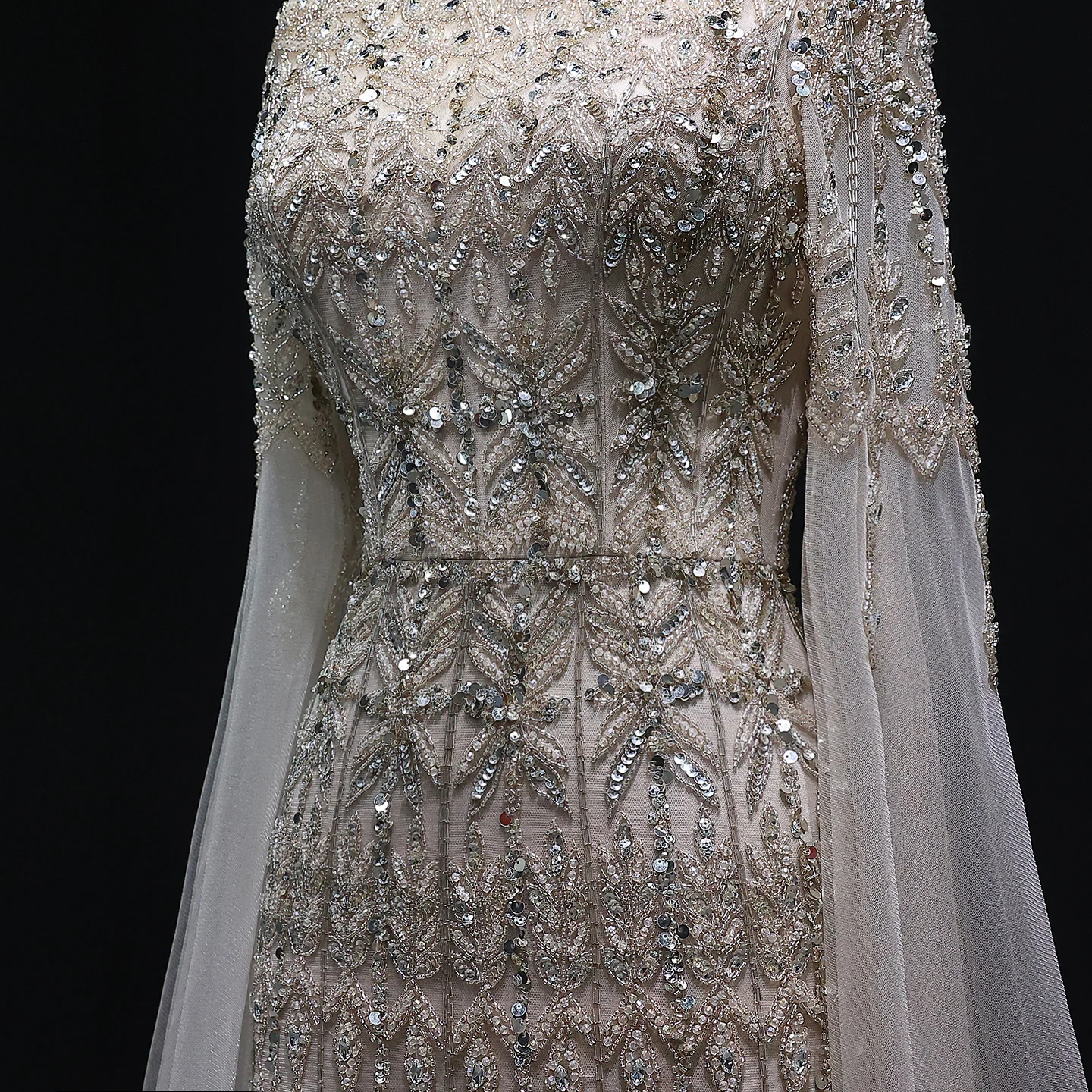 Sharon Said Luxuriöses Dubai Champagner Meerjungfrauen-Abendkleid mit Cape-Ärmeln Arabisches Formelles Hochzeits-Party-Ballkleid SS044 Maßanfertigung – Detail 7