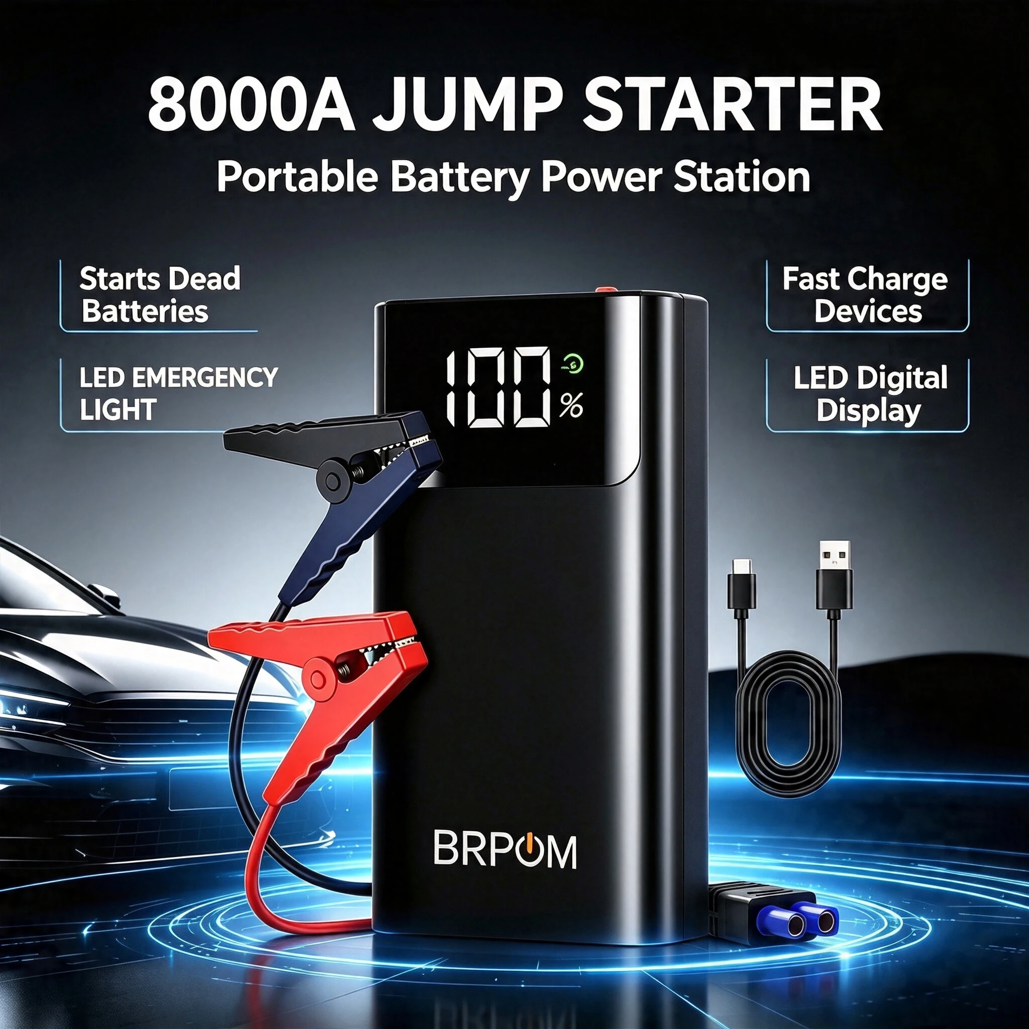 BRPOM 8000A Avviatore portatile per auto - Ricarica rapida, luce LED, USB QC3.0, compatibile con motori a benzina fino a 8L e motori diesel fino a 5,5L, batteria al litio polimerica