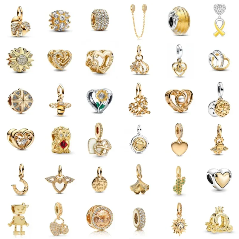 Espumante 925 Sterling Silver Golden Series Charme Bead para Mulheres, se Encaixa Pulseira Pandora