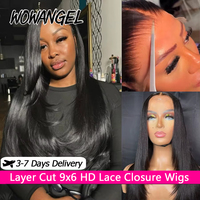 WOWANGEL 34in Pre Cut 9x6 HD Lace Closure Glueless Wig Human Hair 250% Layer Cut Straight Wigs Natural Scalp Remy Brazilian Hair
