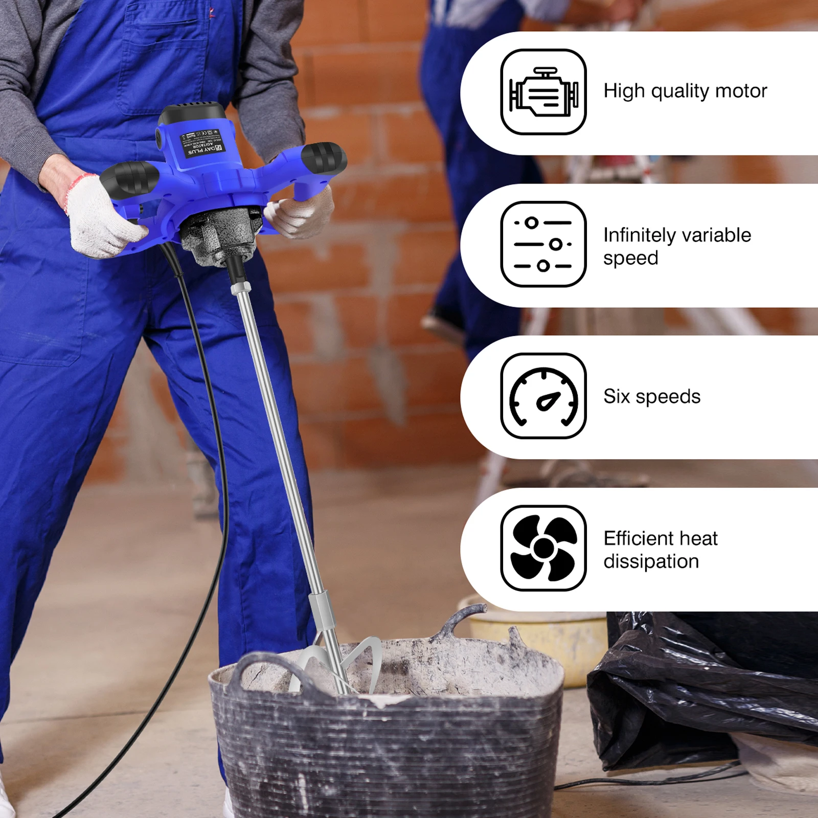 Mélangeur électrique portatif 2600W à 6 vitesses pour béton, mortier, peinture, ciment, avec tige de mélange M14 pour mortiers, coulis, peintures, ciments, plâtres et enduites