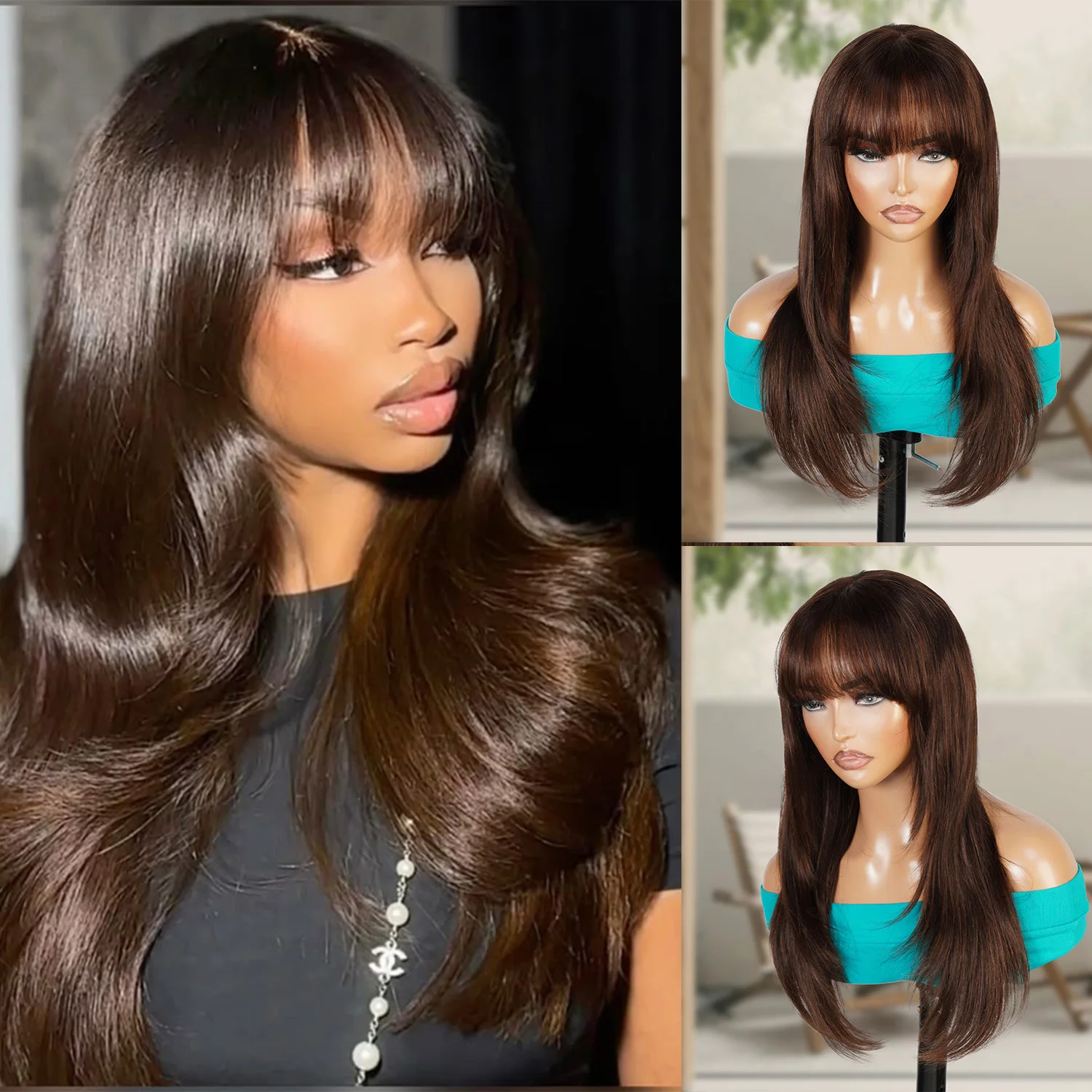 

100% Human Hair Wear and Go Pre Cut Pre Plucked Glueless 13x5 Lace Front Wig Straight with Bang Brown 22"