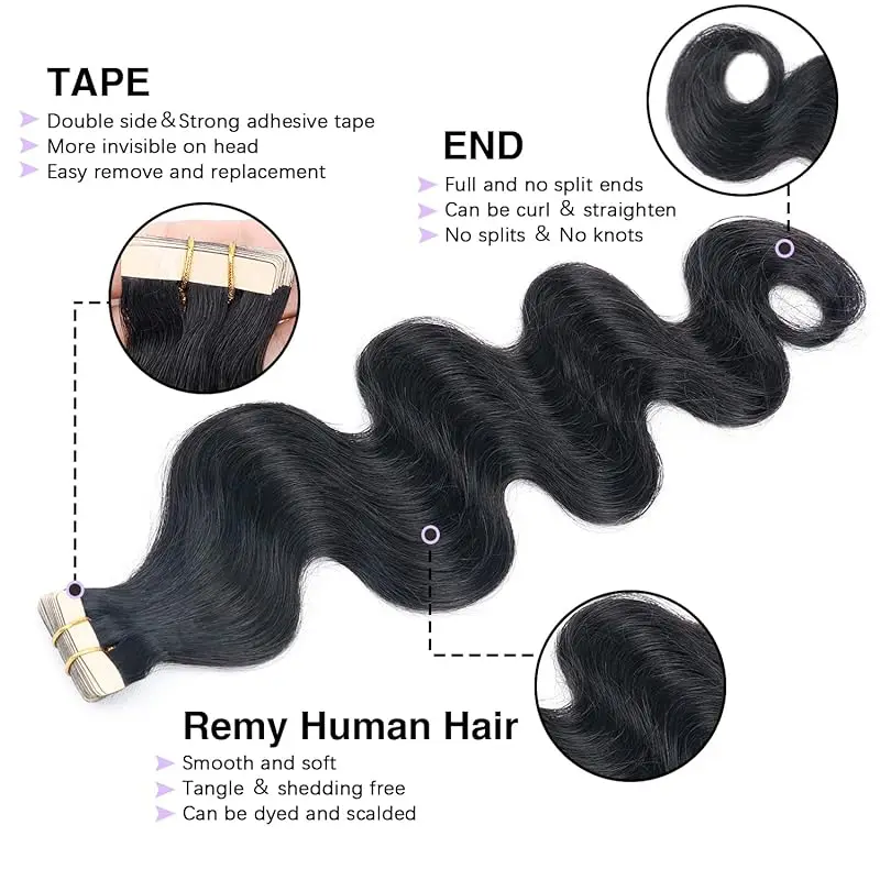 Body Wave Tape in Hair Extensions Human Hair 14-26Inch 20 Pieces 100% Remy Double Sided Wave Tape in Hair 50g 20Pcs