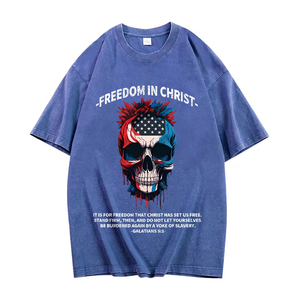 Camiseta lavada cristiana del Día de la Independencia de Freedom In Christ, camisetas informales de manga corta con cuello redondo para mujer, camisetas de gran tamaño