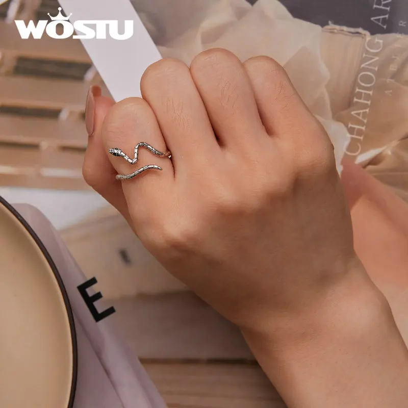 WOSTU 925 Sterling Silver Snake Opening Ring with Green Zircon for Women Luxury Party Gift Adjustable Size Original Jewelry image 6