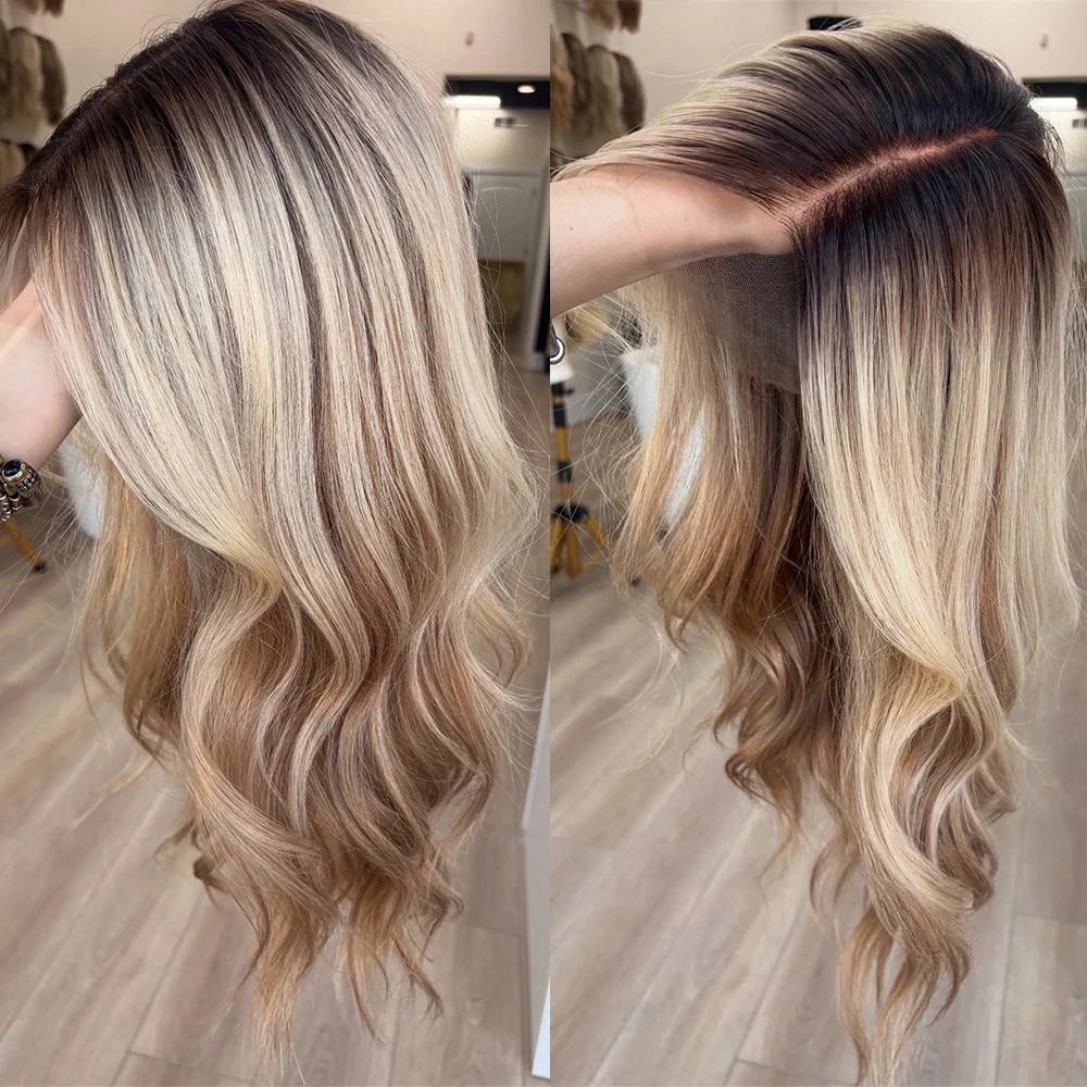 Baby Blonde Balayage Rooty Wavy Wig Classic Long Hairstyle Human Hair Blend HD Invisible Lace Front Wig 13x4 Free Part 26