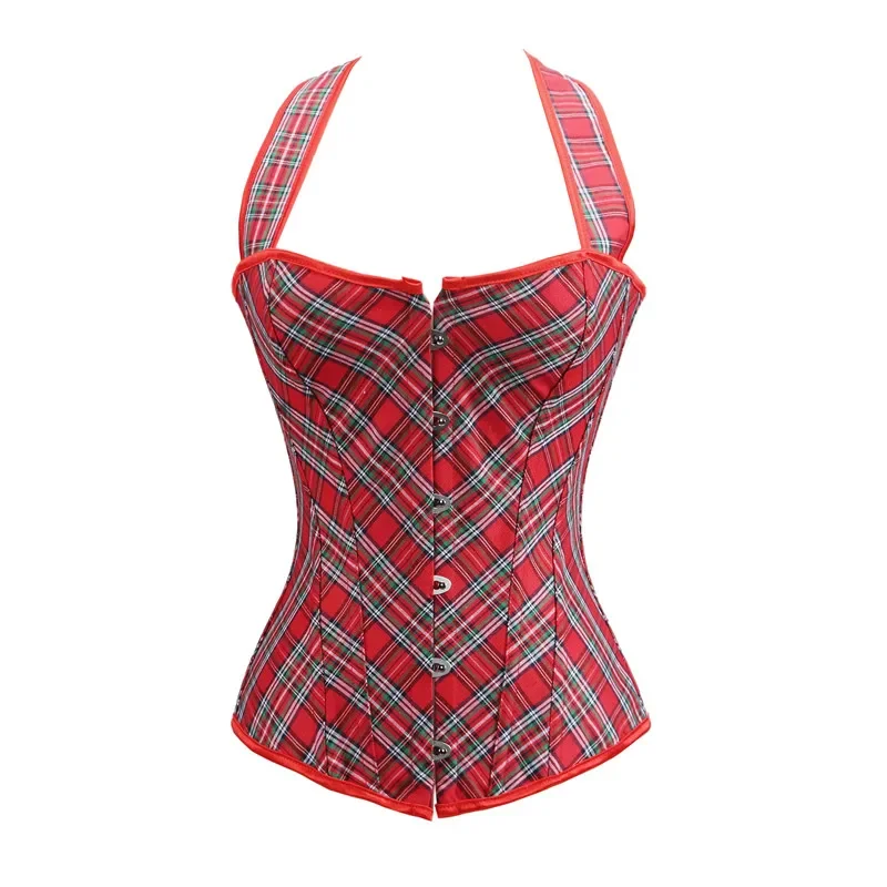 Sapubonva Corset Sexy Bustier Plaid Goth Vêtements Lingerie corset Victorien Rouge Licou Femme Top Corset Exotique Grande Taille Burlesqu
