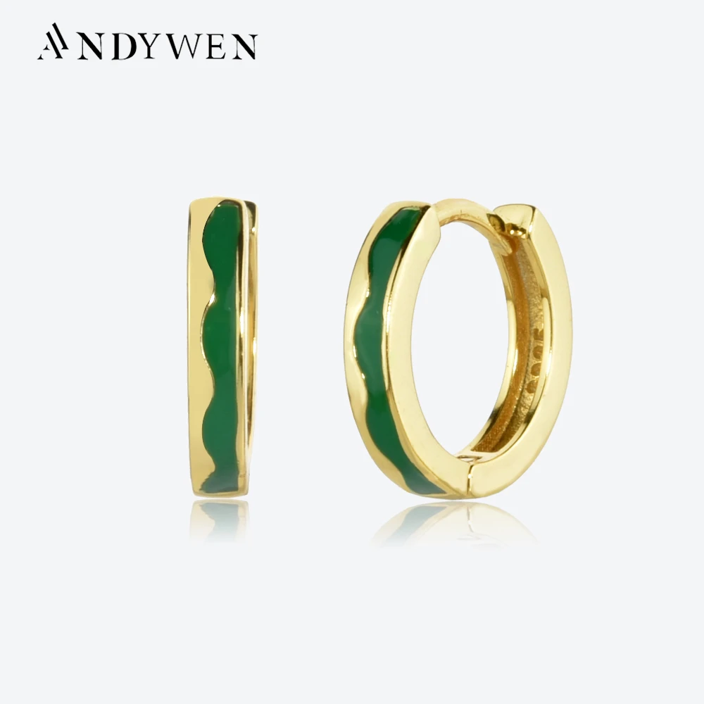 

ANDYWEN 925 Sterling Silver Flower Enamel Green Huggies Hoops Earring Women Luxury Party Best Gift Dropshipping Free Shipping