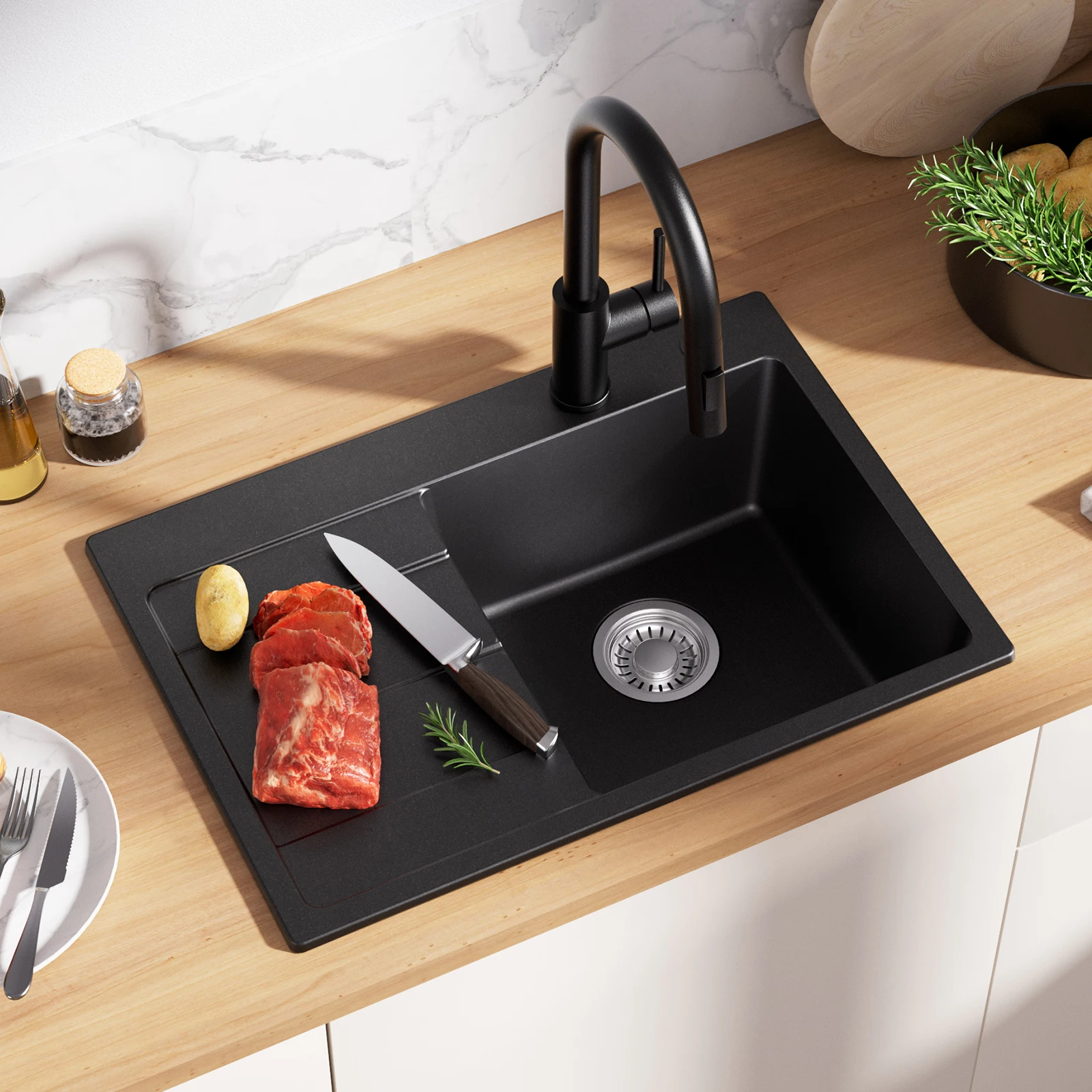 Küchenspüle Schwarz Quarzkomposit 65 x 45 cm Einbauspüle mit Abtropffläche Hitzebeständig Steinspüle Platzsparendes Kompaktbecken für Kleine Küche Wohnmobil Siphon Set