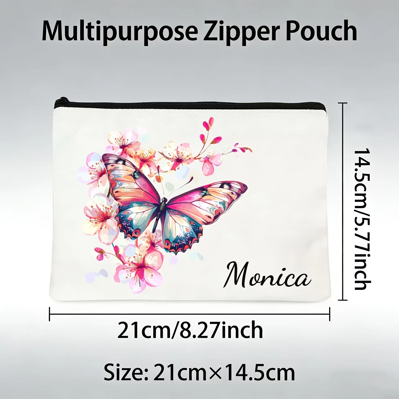 Pink Butterfly Floral Custom Engraved Name Makeup Bag Romantic Blooming Flower Print Zipper Cosmetic Storage Gift For Women