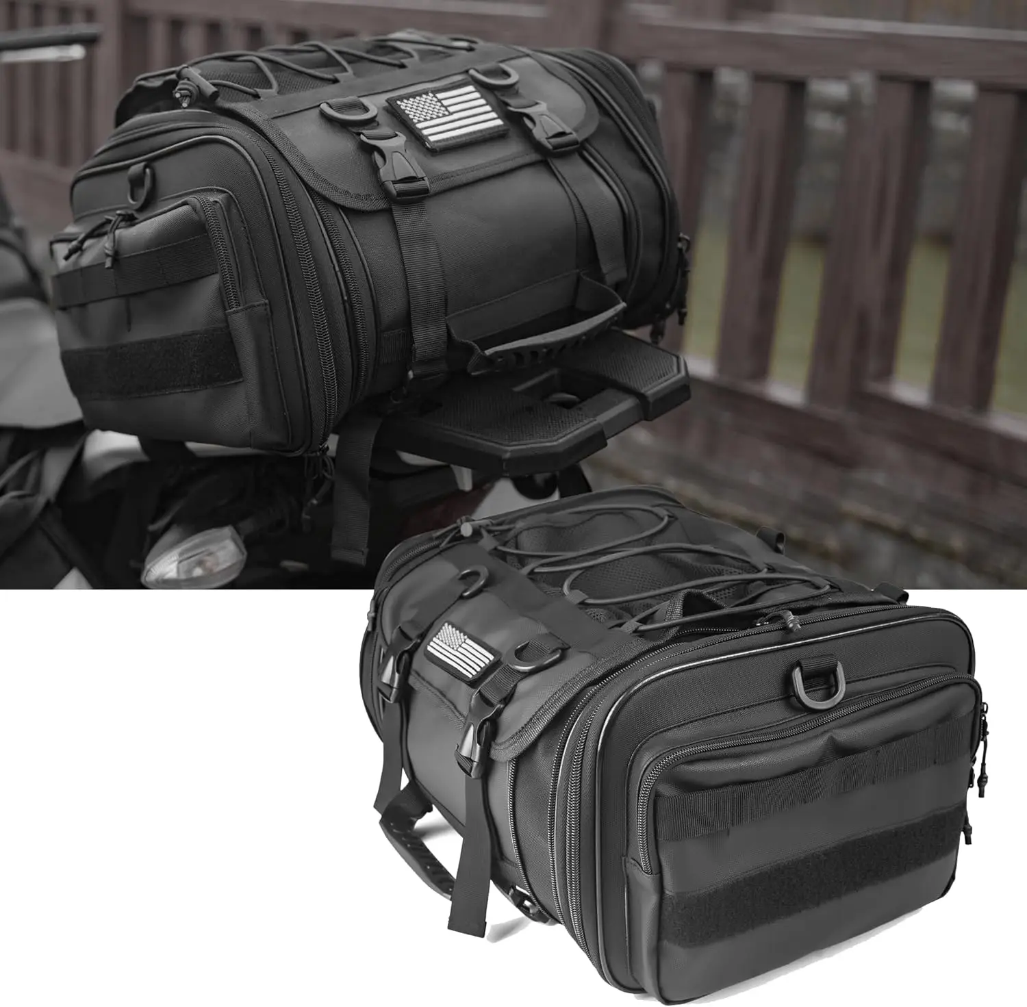 Multi functional storage bag 19L-26L Expandable Motorcycle Tail Bag, Waterproof Motorbike Travel Luggage Seat Bag with Rain Cove