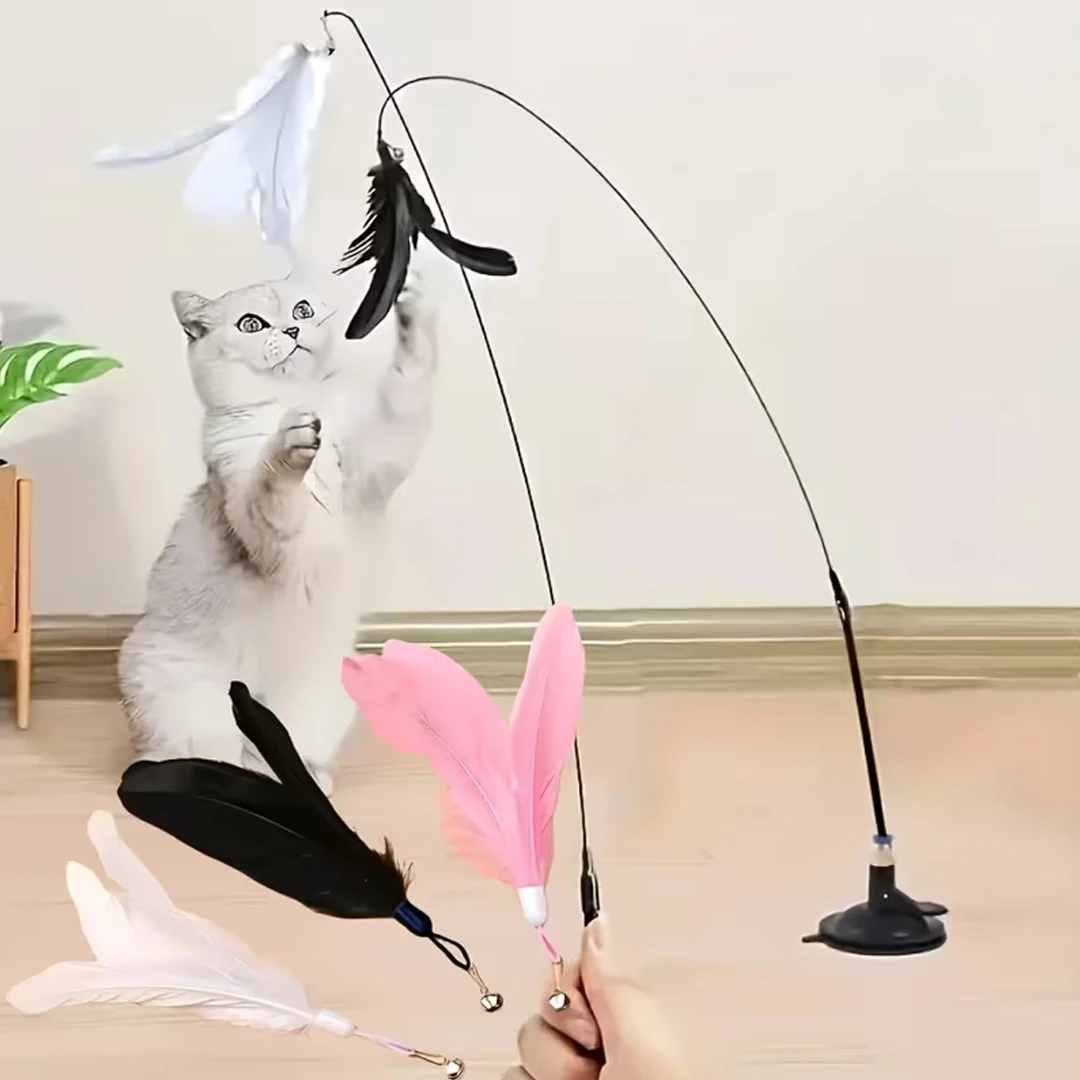 Katzen-Federspielzeug mit Saugnapf-Basis, 1 Teaser-Stab, 3 Ersatz-Federköpfe, Interaktives Katzenspielzeug für Alle Katzen