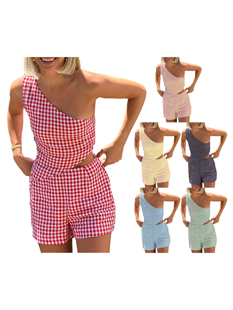 Women’s Checkered Sets Summer Casual Pajamas 2 Piece Outfits Sleeveless One Shoulder Tank Tops High Waist Shorts Set Loungewear