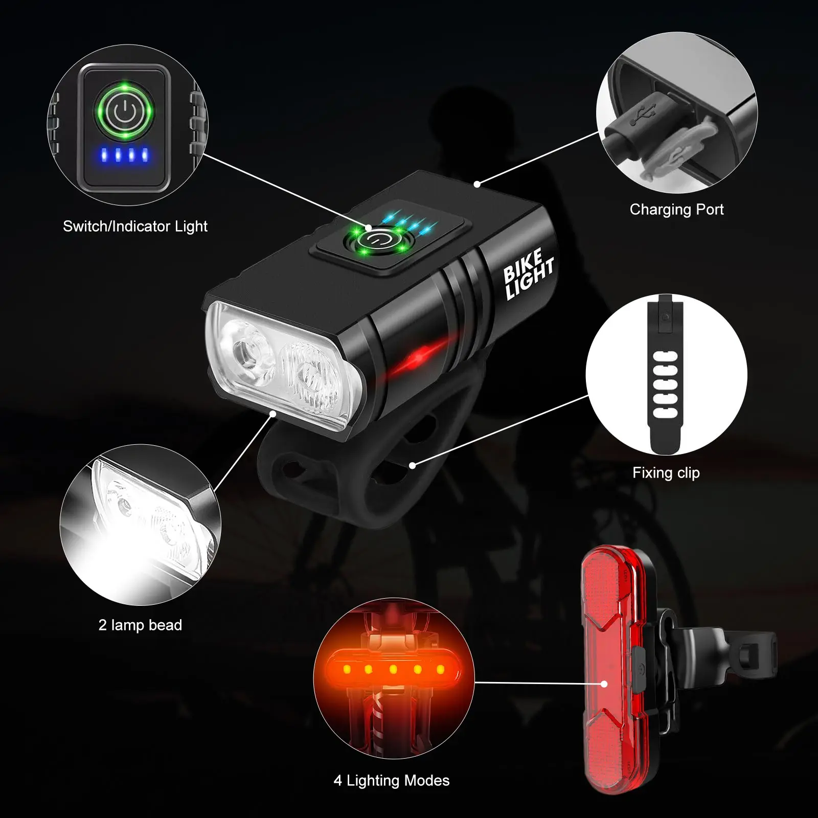 360°Rotatable Bicycle Light USB Rechargeable Bike Headlight with Tail Light for Road Cycling Night Riding Outdoor Activities