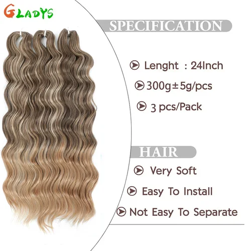 Imagen 2 del producto Extensión de cabello de ganchillo ondulado suelto Anna, 300g, fibra de alta temperatura, 24 pulgadas, 3 unid/lote, pelo rizado de ganchillo Rubio degradado
