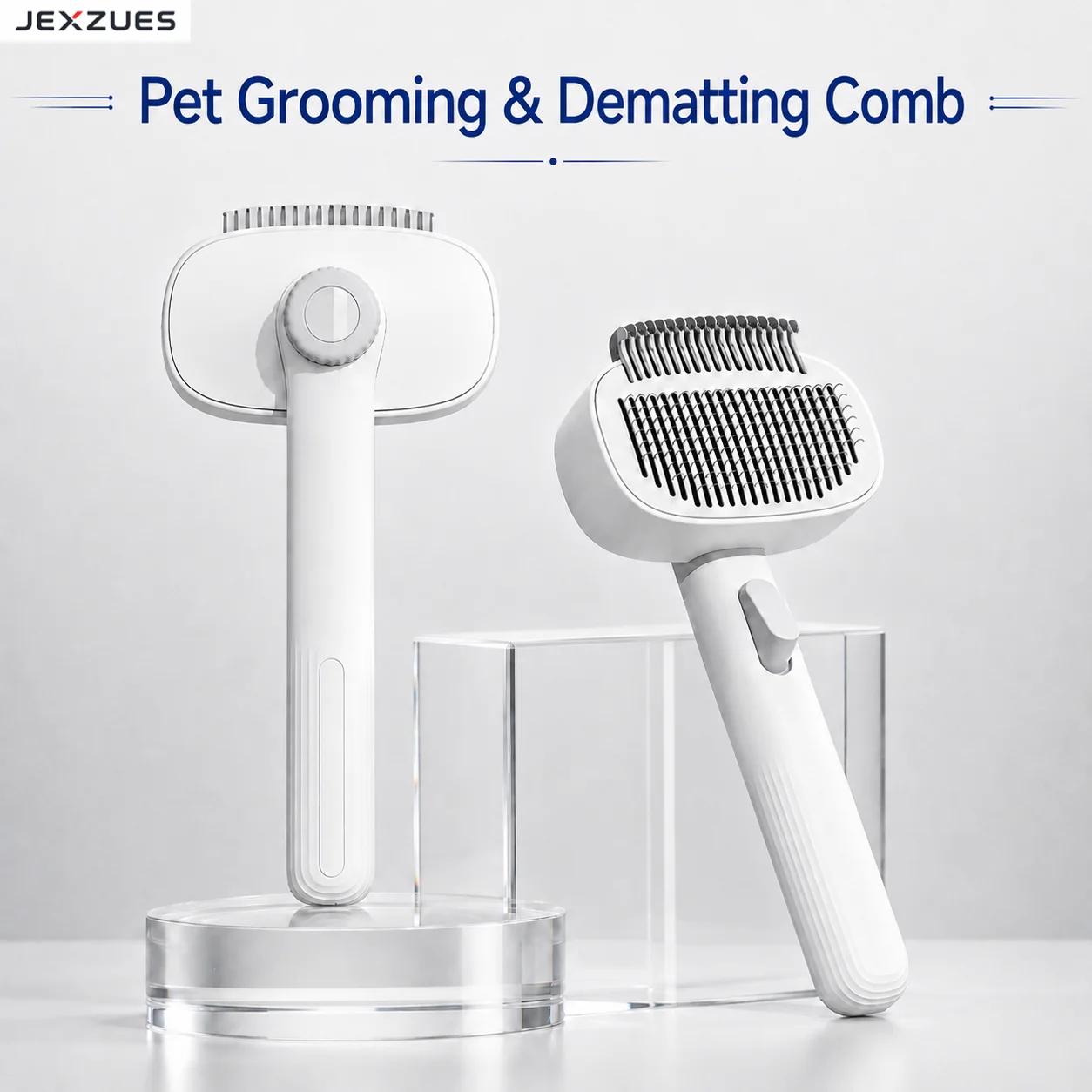 JEXZUES 2-in-1 Pet Grooming & Dematting Comb for Cats Dogs with One-Click Hair Release Button and Stainless Steel Teeth Knob