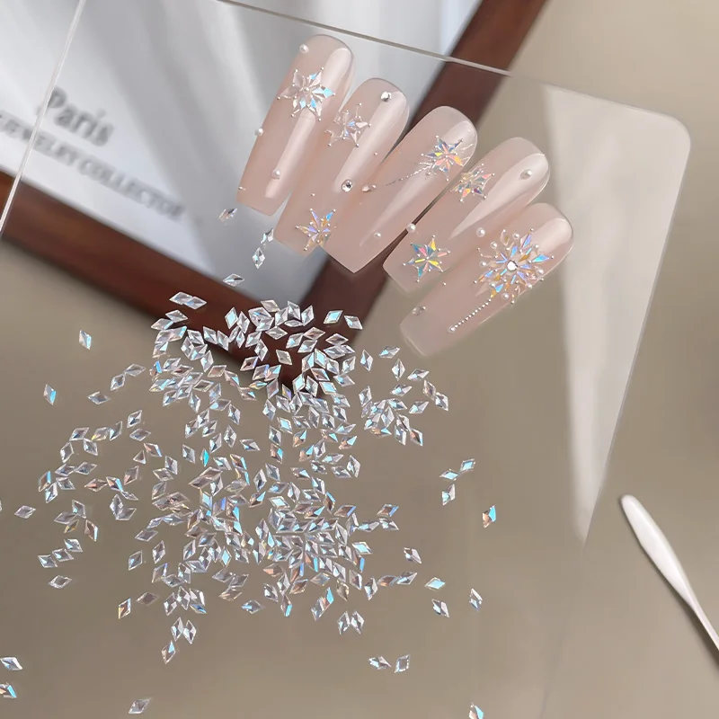 100Pcs Mini Rhombus Nail Rhinestones Flat Bottom AB Color Nail Art Crystal Gems Dazzling Manicure Tip 3D Nail Art Decoration