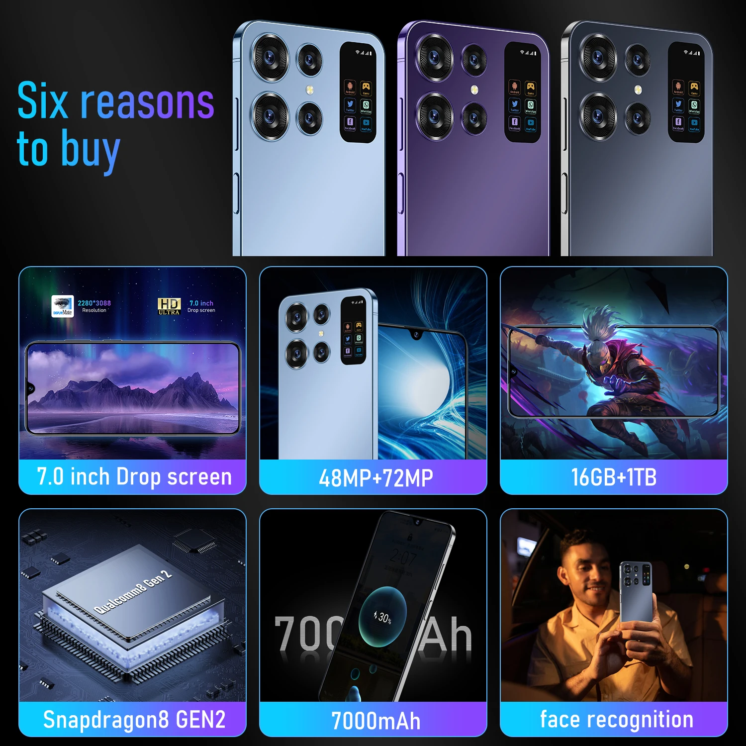 HOT 2025 X8 Pro 7.3HD Global Edition Original Smart Dual Card 7800mAh Battery Facial Recognition Function