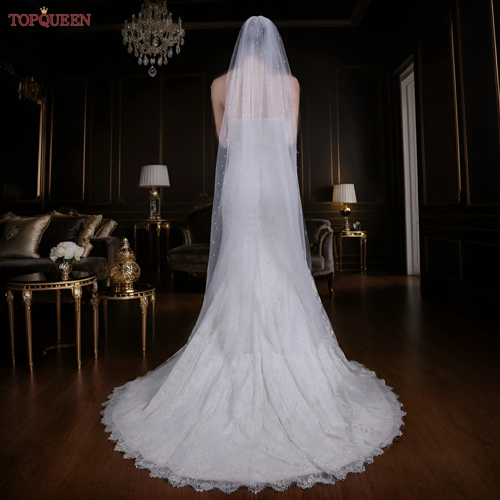 YouLaPan V05 Bridal Veil with Comb Ivory White Wedding Veil  Pearls Veil 1 Tier Wedding Veil for Women Cathedral Bridal Veil