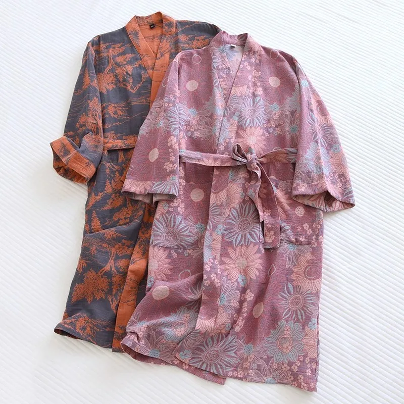 Albornoz holgado con estampado para mujer, Kimono de estilo japonés con cinturón, bata de baño, pijama humeante para el sudor, 100% algodón