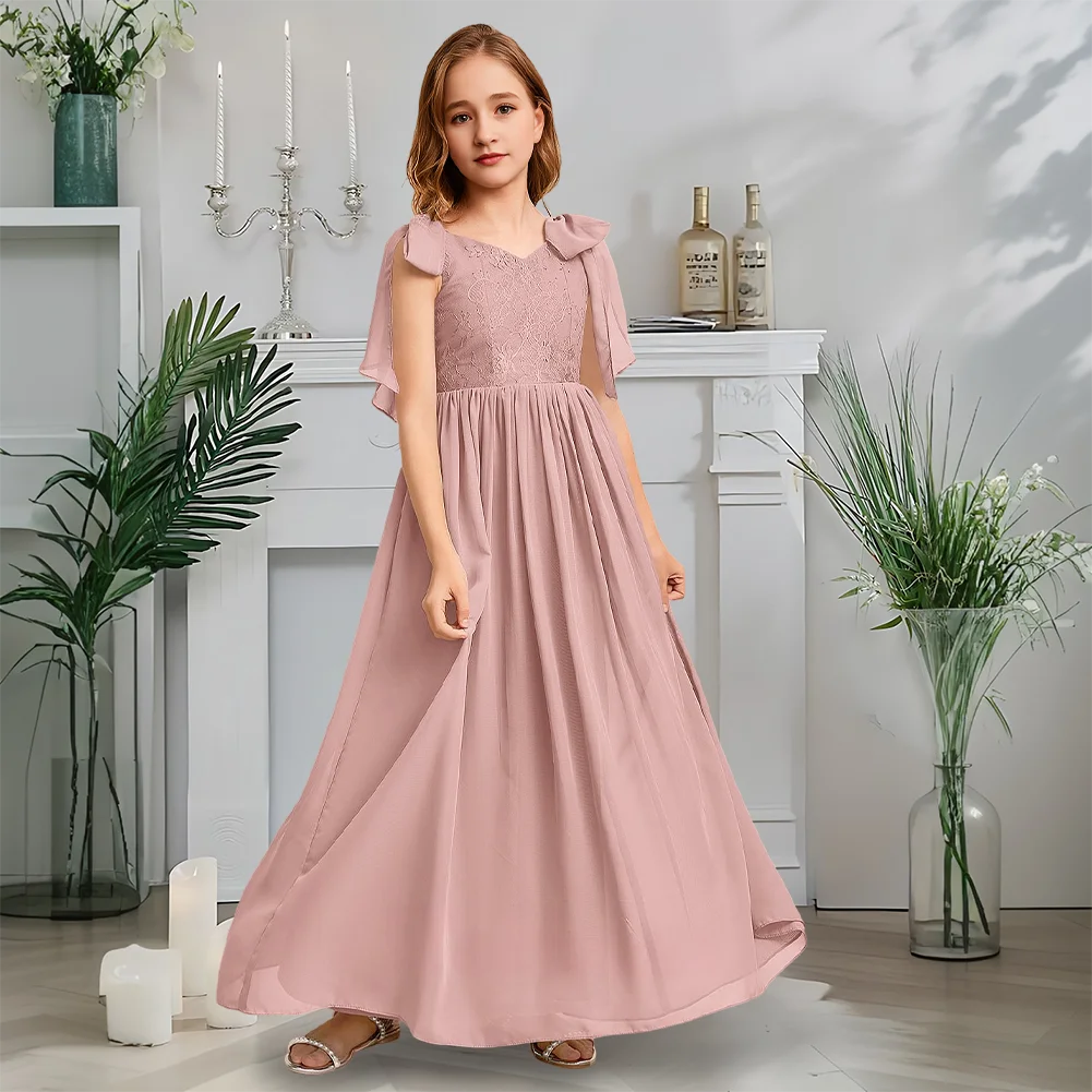 Etherische V-hals Junior Bruidsmeisjesjurk Hemelsblauw Bloemenmeisjesjurk A-lijn Chiffon Kant Vloerlengte Lente Soiree Bruiloft