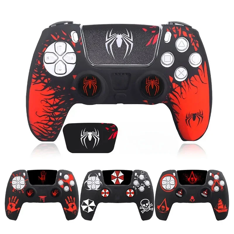 Étui de protection en Silicone souple thème araignée pour contrôleur de jeu PS5, autocollants pour pavé tactile de manette de jeu, Kit de capuchons de poignée pour bâton de pouce