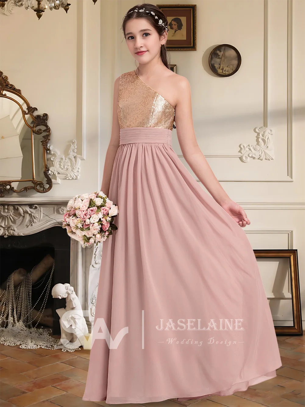 C Elegant A-Line One Shoulder Floor-Length Chiffon Sequin Junior Bridesmaid Dress Flower Girl Dress Girls Wedding Party Formal