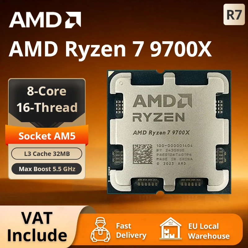 Procesador de Escritorio AMD Ryzen 7 9700X, 8 Núcleos, 40 MB de Caché, 4 nm, Zócalo AM5, 65 W (Enfriador No Incluido)
