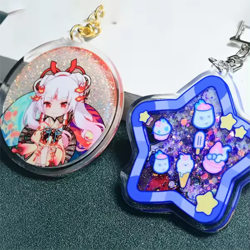 YSO CNC Diamond Cut High Quality Cartoon Animation Cute Delicacy Acrylic Custom Key Chain Wholesale Liquid Charms