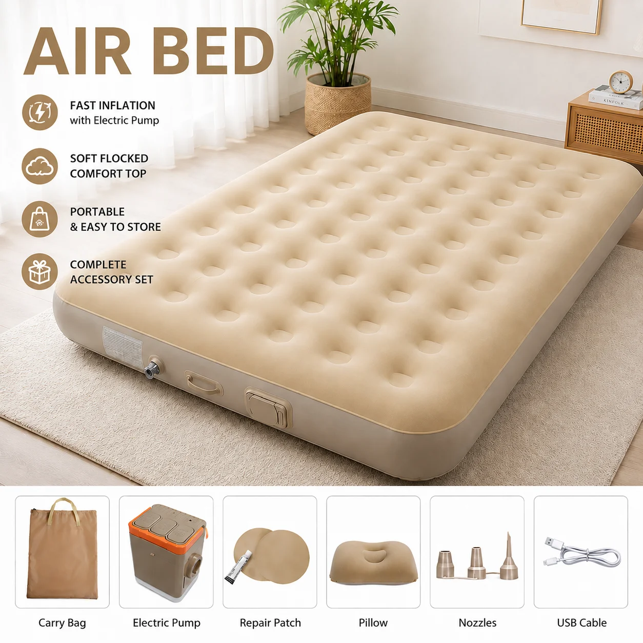 Cama Inflable para Camping con Bomba Eléctrica Integrada, Inflado/Desinflado Automático Rápido en 5 Minutos, Soporte de Panal, Luz LED y Carga Tipo-C